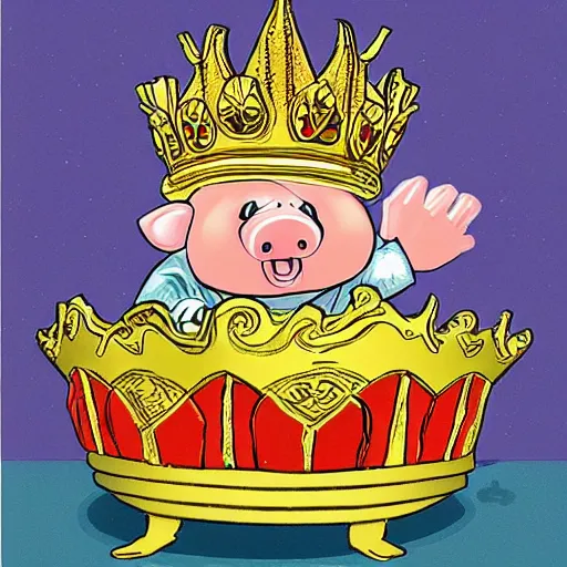 Image similar to pig in a gold crown in the style of garbage pail kids