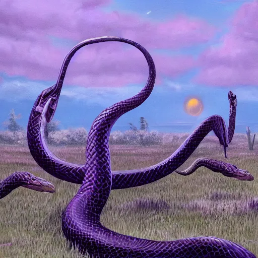 Prompt: a purple serpent with big white eyes in the marshes, mangroves, trending on artstation, 4 k, video game art, oil painting