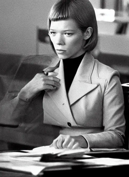 Prompt: A movie still of Lea Seydoux as Secretary of State in 1976 thriller movie.