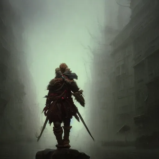 Image similar to epic portrait of a druid, paladin and rogue on the streets of a fantasy town, cloudy, rain, glowing, huge, broad light, ambient occlusion, volumetric light effect, made by ivan aivazovsky, peter mohrbacher, greg rutkowski, matte painting, trending on artstation, 4 k, perfectly defined features, digital painting,