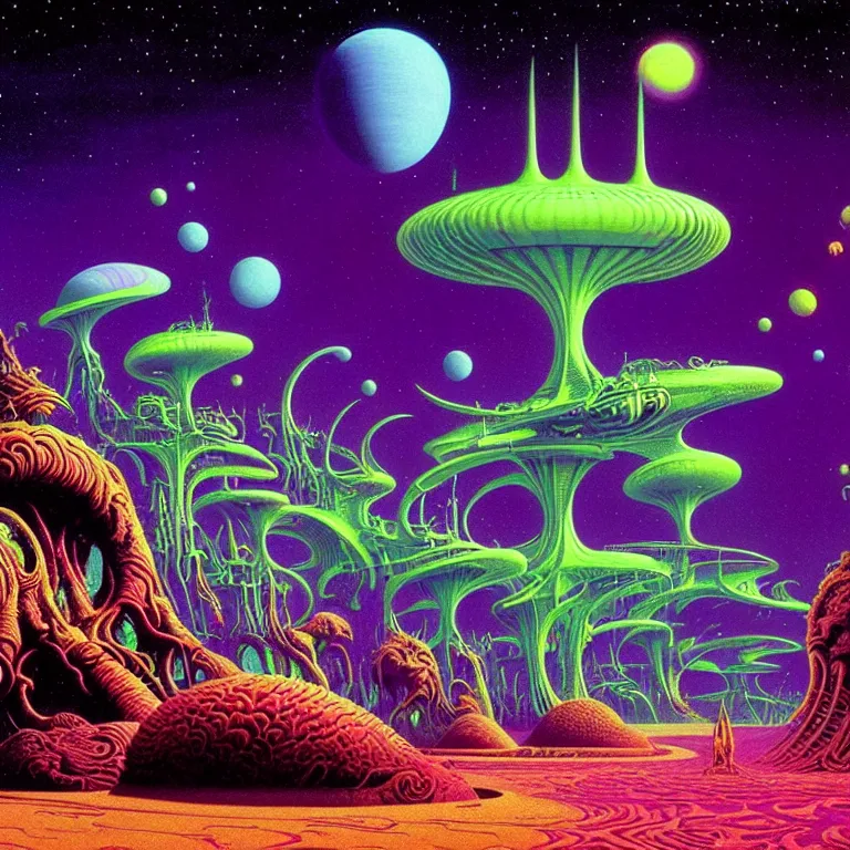 Prompt: beautiful aliens at cosmic beach, infinite waves, synthwave, bright neon colors, highly detailed, cinematic, tim white, roger dean, michael whelan, vladimir kush, jim burns, bob eggleton, philippe druillet, kubrick, aubrey beardsley, alfred kelsner, boris vallejo