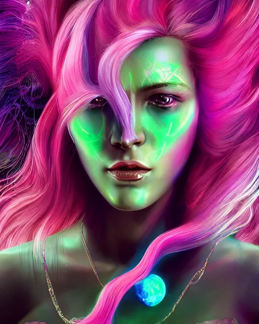 Image similar to a powerful energy psychedelic matrix goddess with pink hair, by alexander fedosav, hyper detailed digital matte painting, concept art, hyperrealism, 1 6 k resolution, cinema 4 d, 8 k resolution, trending on artstation, behance hd, a masterpiece, by stephan martiniere, particles, cel - shaded, power bright neon energy, by david a. hardy