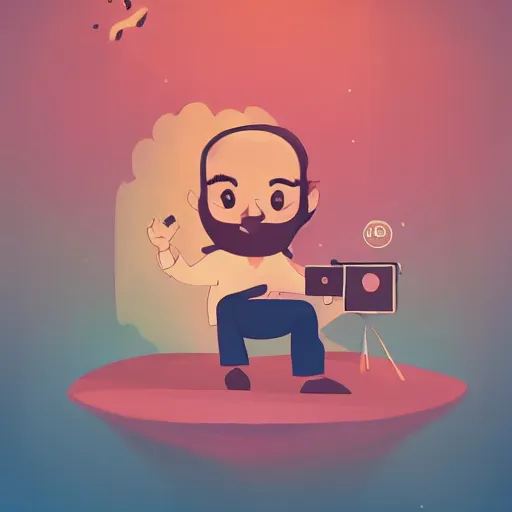 Image similar to cute cartoon character, curled perspective, digital art, baby girl, smiling beard grandpa taking photo, old photo camera, anton fadeev