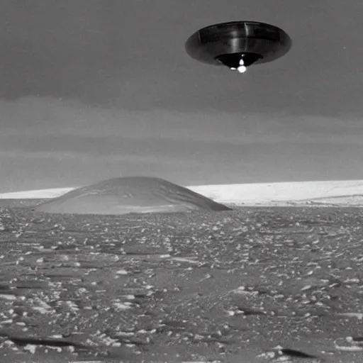 Image similar to secret photograph of nazi ufo base in antarctica, operation highjump, black and white, 4 k