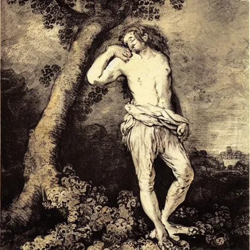 Image similar to by ron garney, by jean - antoine watteau precise screen printing. a land art of a man caught in a storm, buffeted by wind & rain. he clings to a tree for support, but the tree is bent by the force of the storm. he is soaking wet. his face is contorted with fear & effort.