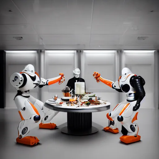 Prompt: three large white glossy kuka industrial robot arms on the floor around a dinner table, the kuka industrial robot arms are wearing bow ties, the table is full of food, they are having dinner inside a posh fine dining restaurant with retro modern furniture and decor, global illumination, artstation, fantasy, volumetric light