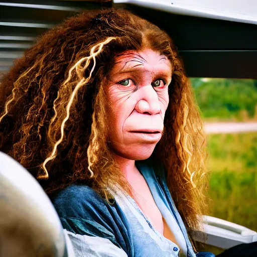 Image similar to photo of neanderthal cavewoman sitting in an airplane