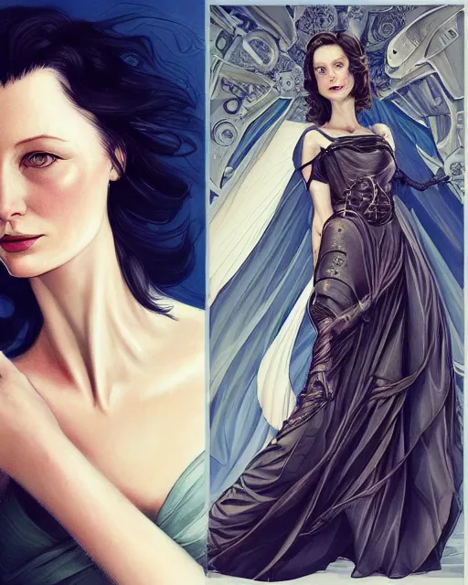 Prompt: in the style of joshua middleton, artgerm, beautiful caitriona balfe, steampunk, full body, blue dress, elegant pose, middle shot, spooky, symmetrical face, symmetrical eyes, detailed realisitc eyes, detailed realistic eyes, detailed and intricate