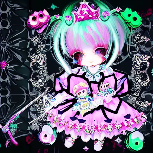 Image similar to baroque bedazzled gothic royalty frames surrounding a pixelsort emo demonic horrorcore japanese beautiful jester decora moe doll, low quality sharpened graphics, remastered chromatic aberration, detailed maximalist sanrio art