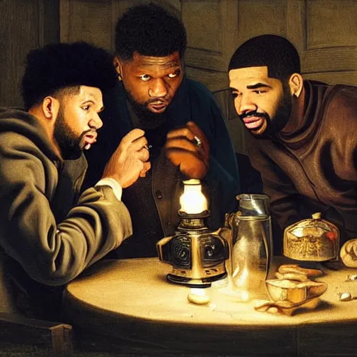 Image similar to 2 1 savage and 5 0 cent and drake huddled around a table with a lantern in a dark pub like in the denial of st. peter by gerard seghers