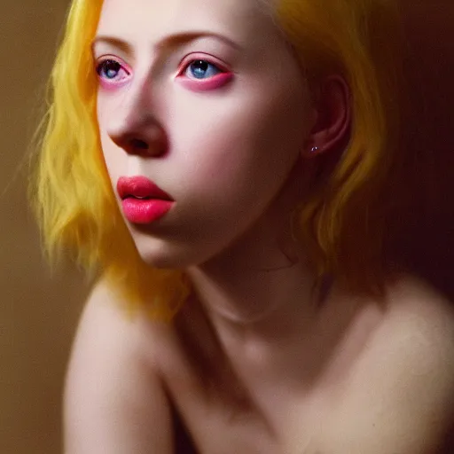 Image similar to realistic expired kodak film portrait of albino scarlet johansson mix, hyperrealism, photorealistic, detailed, atmospheric, 8 k, award winning photography, cinematic