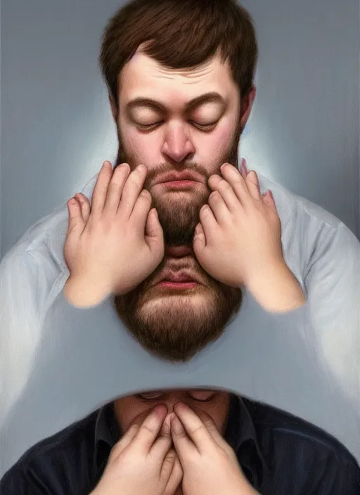 Prompt: insanely detailed chiaroscuro image of a sleepy - looking chubby well - dressed programmer guy on his knees facing his glowing ultrawide monitor monitor begging it for forgiveness, oil on canvas, masterwork, fine detail, trending on artstation, emotive, insanely compelling, ryden, koons, moebius