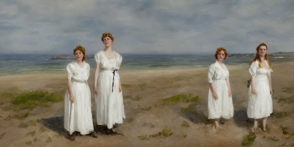 Prompt: Two young Edwardian women wearing white dresses standing on a sandy beach in Sweden, in the style of Anders Zorn