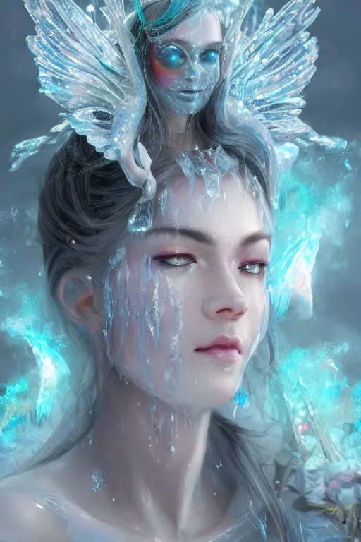 Image similar to face closeup covered with ice of extremely beautiful girl necromancer, magical fairy ice and ice velvet, diamonds, jewels, angels, 3 d render, hyper - realistic detailed portrait, holding fire and electricity rainbow, ruan jia, wlop. scifi, fantasy, magic the gathering, hyper detailed, octane render, concept art, peter mohrbacher