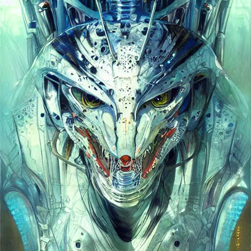 Image similar to a simple concept art portrait of a predatory robotic species. an award winning yoshitaka amano digital art poster color painting. a masterpiece by james gurney. poster colour on canvas.