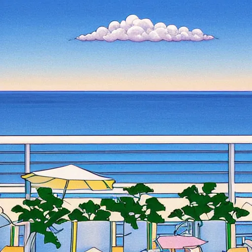 Prompt: a beautiful painting of a sunny day overlooking the beach from a hotel balcony by hiroshi nagai and hirohiko araki, detailed line art