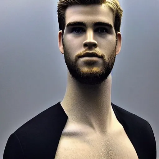 Image similar to “ a realistic detailed photo of a guy who is an attractive humanoid who is half robot and half humanoid, who is a male android, actor liam hemsworth, shiny skin, posing like a statue, blank stare, at the museum, on display ”