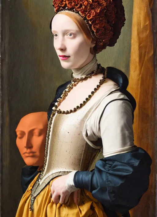 Image similar to portrait of young woman in renaissance dress and renaissance headdress, style by the ex machina