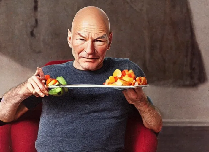 Image similar to patrick stewart sitting in a big bowl of vegetable stew