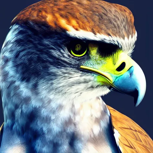 Image similar to profile picture of a falcon in sci-fi clothing looking smug, quarter view, close up, trending on artstation