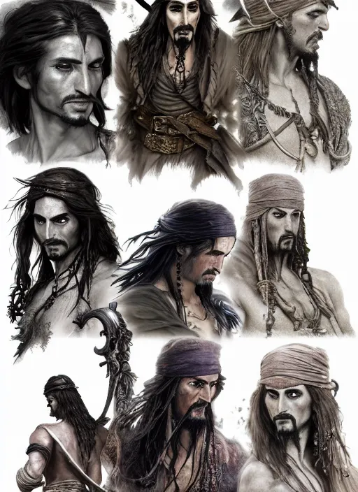 Image similar to detailed pencil spot illustrations ofcharacter concept from the prince of persia game and pirates of the caribbean movie, various poses, by burne hogarth, by bridgeman, by anthony ryder, by yoshitaka amano, by ruan jia, by conrad roset, by mucha, artstation, artstation.