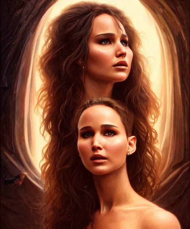 Image similar to half nathalie portman half Jennifer lawrence a fantasy magic woman portrait, sci-fi, amber eyes, face, long hair, fantasy, intricate, elegant, highly detailed, digital painting, artstation, concept art, smooth, sharp focus, illustration, art by artgerm and greg rutkowski and alphonse mucha