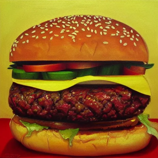 Image similar to oil painting of a burger made by greg rutkowsky, creepy, horror, dramatic light, nightmare,