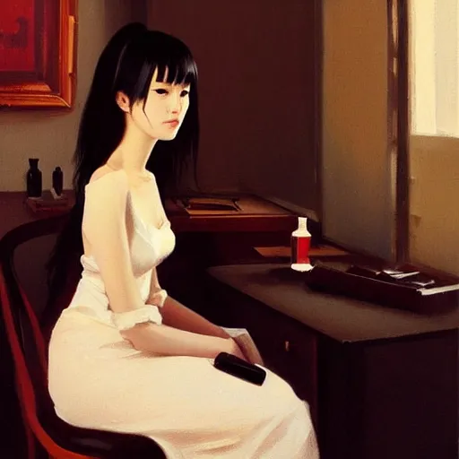 Prompt: oil painting by ilya kuvshinov, rhads, coby whitmore, of a youthful japanese beauty, long hair, sitting on antique chair leaning against a desk, victorian room