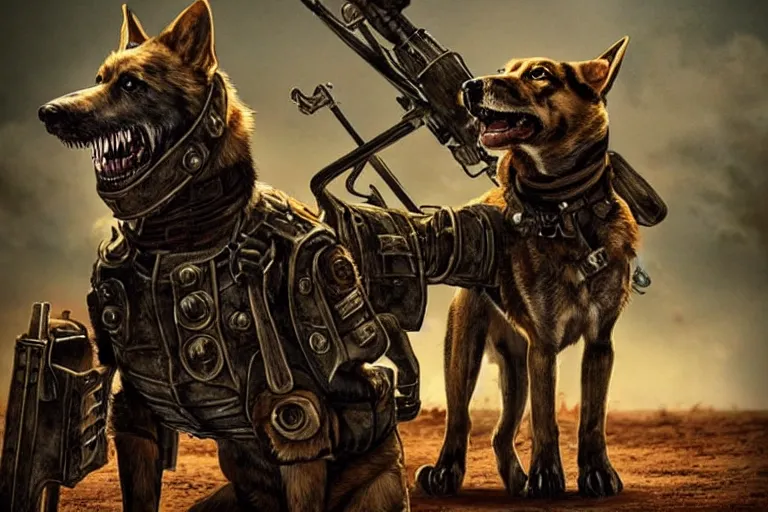 Image similar to a good ol'hound dog fursona ( from the furry fandom ), heavily armed and armored facing down armageddon in a dark and gritty version from the makers of mad max : fury road. witness me.