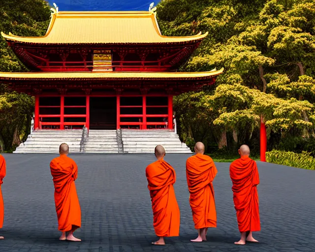 Image similar to a hyperrealistic scenery of 6 monks meditating in front of pagoda temple, digital art, extreme wide shot