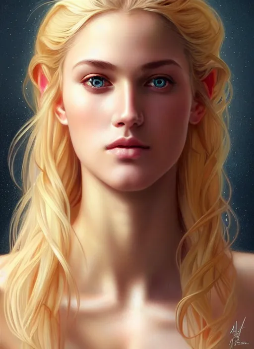 Image similar to beautiful feminine face!! portrait of young wife blessed by god with ever - increasing physical mental perfection, blonde, symmetrical! intricate, sensual features, highly detailed, divine holy perfection!! sci fi, digital painting, artstation, concept art, smooth, sharp focus, illustration, art by artgerm and greg rutkowski and alphonse mucha