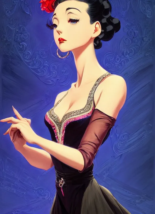 Image similar to a beautiful dancer with black hair in 1940's fashion, ballroom background, intricate, highly detailed, digital painting, artstation, official media, anime key visual, concept art, rich vivid colors, ambient lighting, sharp focus, illustration, art by Artgerm, Makoto Shinkai, Ilya Kuvshinov, Lois Van Baarle, and Rossdraws