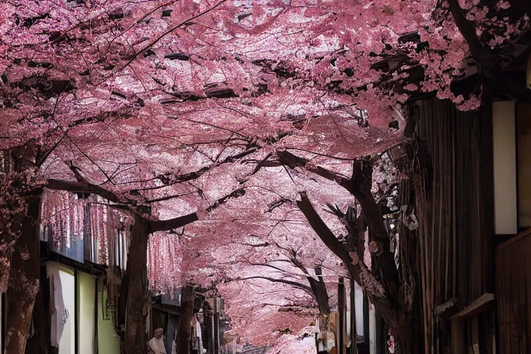 Prompt: beautiful Japanese alleyway with sakura trees by Vincent Di Fate, rule of thirds, beautiful, sharp focus