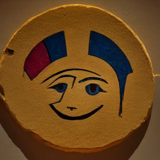 Prompt: an ancient egyptian hieroglyph of a clown emoji on display at a museum