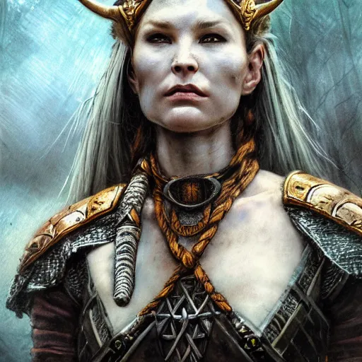 Image similar to Official photo of an attractive majestic fierce viking woman, leader, mind-blowing details, ethereal, fear, scarred, highly detailed, viking attire, cinematic, 16k, 1080s, smooth, sharp focus, by Stanley Artgermm, Tom Bagshaw, Greg Rutkowski, Vincent di Fate, Carne Griffiths, Ayami Kojima, WLOP, trending on DeviantArt, hyper detailed, full of color, digital art,