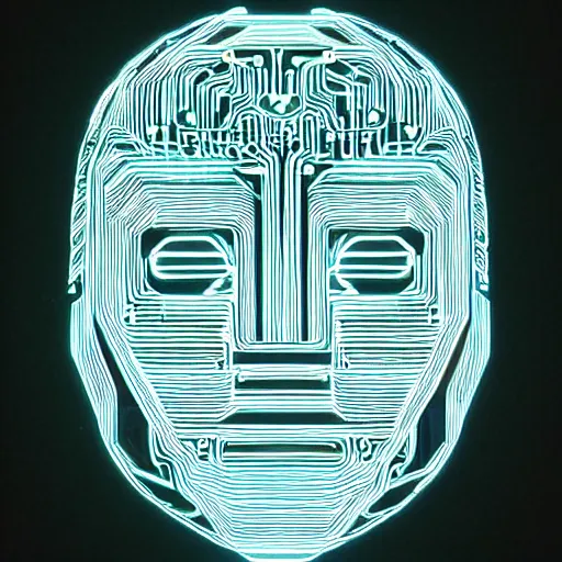 Prompt: a face made out of electrical circuits in the style of tron