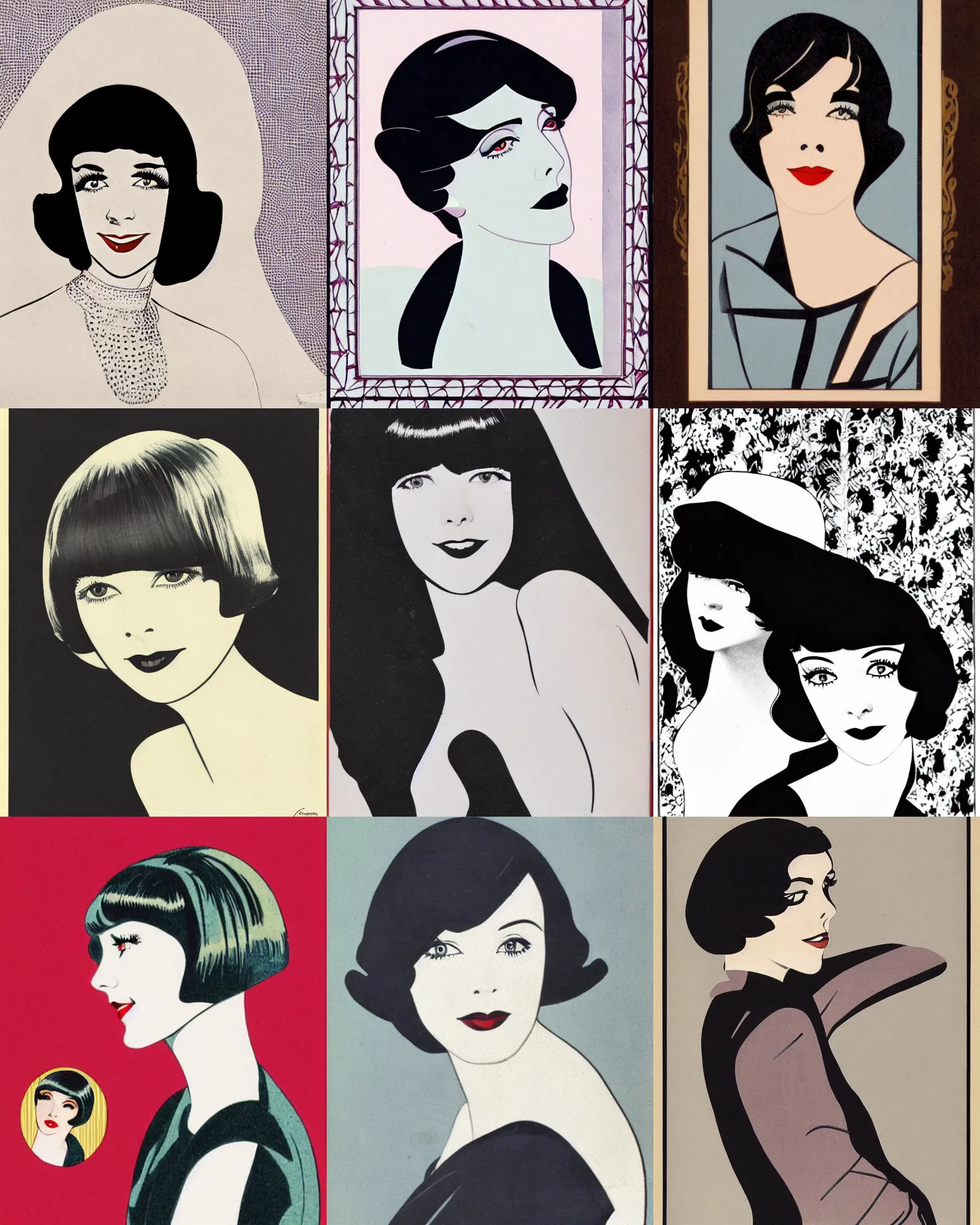 Prompt: Colleen Moore 25 years old, bob haircut, portrait by Patrick Nagel, 1920s, patterned
