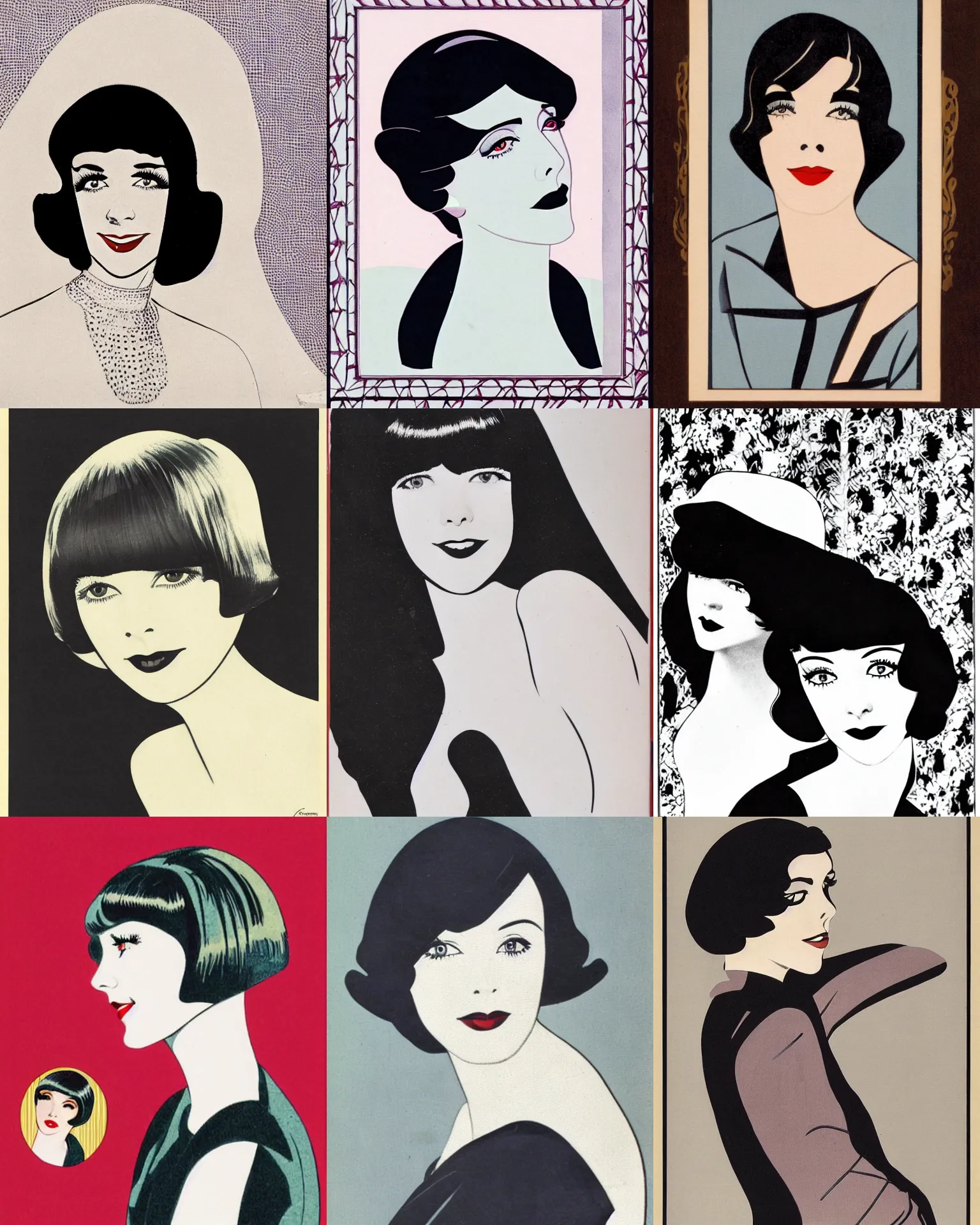 Image similar to Colleen Moore 25 years old, bob haircut, portrait by Patrick Nagel, 1920s, patterned