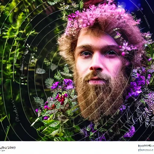 Image similar to a male knight with beard, stern face, clear eyes, shining armour made of steel, and fractal flowery hair in a fractal garden, glowing delicate flower, berries and ferns that grow in a dark flowering fantasy forest, full frame,