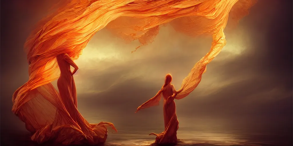 Image similar to Dressed body that turns into a turbulent ocean in a canvas catching magical fire, concept art, art nouveau, inspired by Reylia Slaby, Peter Gric, Andrew Ferez, trending on artstation, volumetric lighting, intricate, ornate, CGsociety