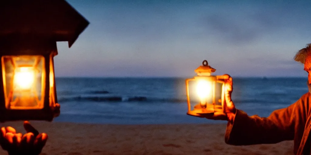 Image similar to film still of closeup old man holding up lantern by his beach hut at night. pirate ship in the ocean by emmanuel lubezki