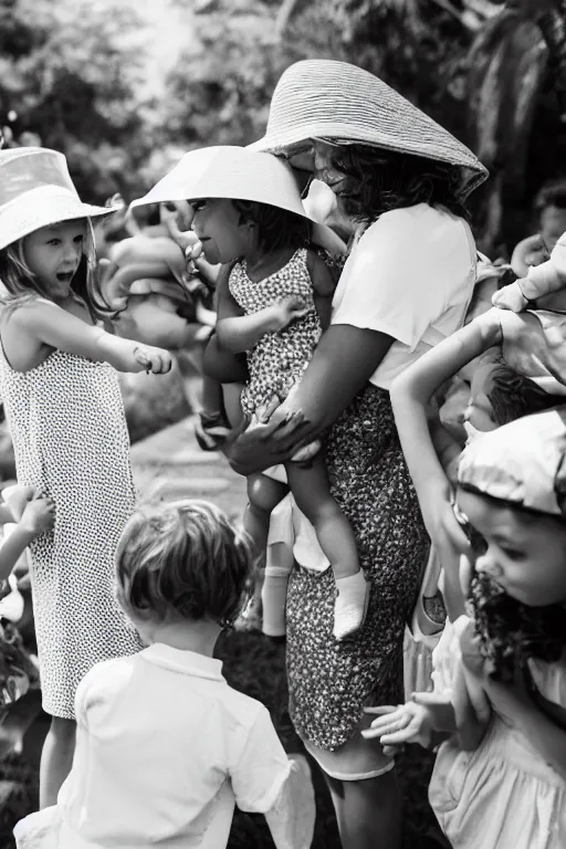 Image similar to “an exhausted beautiful mother wearing a sun hat and sundress, surrounded by exciting screaming children at a birthday party, 10 mm photo, Leica, F4”