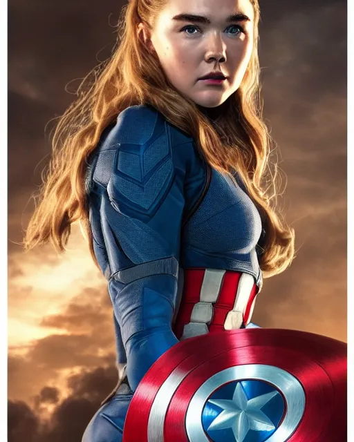 Image similar to 5 5 mm portrait photo of florence pugh as captain america. magical atmosphere. art by artgerm and greg rutkowski. highly detailed 8 k. intricate. lifelike. soft light. nikon d 8 5 0.