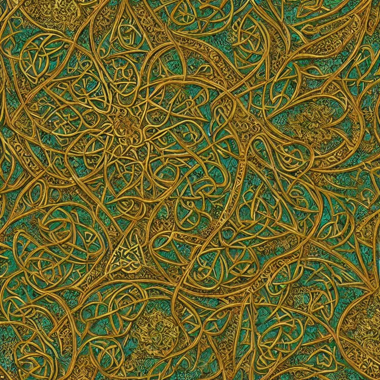Image similar to medieval celtic arabic ornament with mystic birds and flowers, highly detailed, photorealistic, octan render, 3 d, green and gold, fractal, mandelbrot,