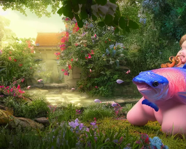 Prompt: of a very beautiful scene. ambient occlusion render. a sweet fat little girl is in love with a huge, colorful and beautiful fish. hyper realistic. 4 k. wide angle. in the baroque style. wild. symmetrical face, red mouth, blue eyes. deep focus, lovely scene. ambient occlusion render. garden. unreal engine.