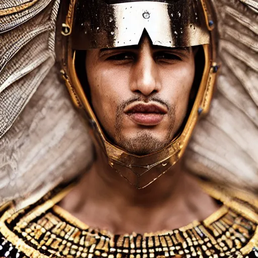 Prompt: a portrait of a beautiful young moroccan male wearing an alexander mcqueen armor , photographed by andrew thomas huang, artistic