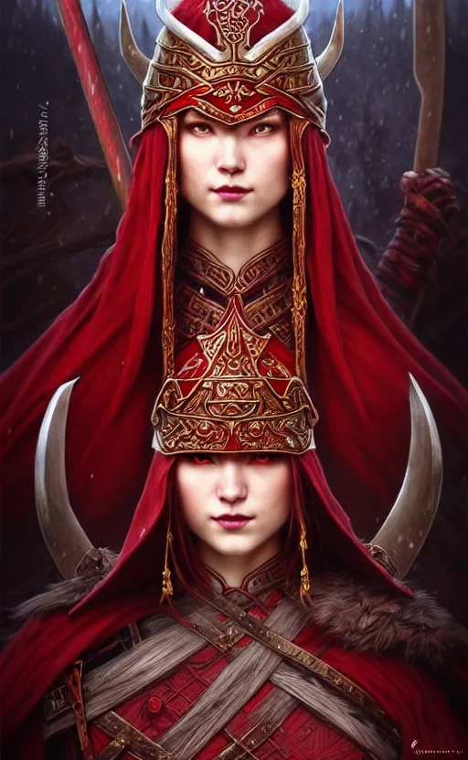 Image similar to crimson viking warrior, regal, elegant, winter, snow, beautiful, stunning, hd, illustration, epic, d & d, fantasy, intricate, elegant, highly detailed, wide angle, digital painting, artstation, concept art, smooth, sharp focus, illustration, wallpaper, art by artgerm and greg rutkowski and alphonse mucha and jin xiaodi