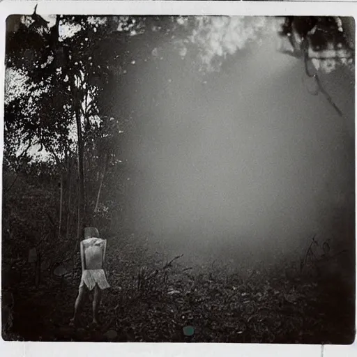 Image similar to an ancient demon-girl devouring the souls of the human kind on an abandoned house, Colombian jungle, mist, 1910 polaroid photography, grainy film, resident evil, Black and white