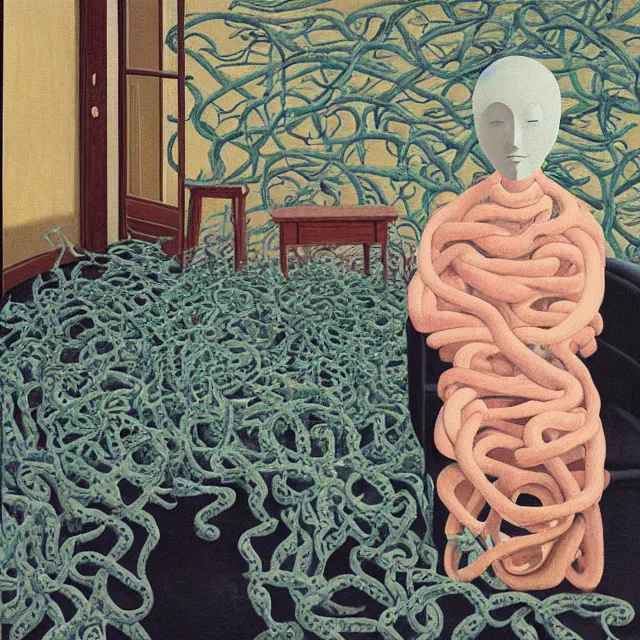 Image similar to a female pathology student in her apartment, wrapped in vines, medical equipment, zen, stepping stones, octopus, pig, black walls, ikebana, black armchair, sculpture, acrylic on canvas, surrealist, by magritte and monet