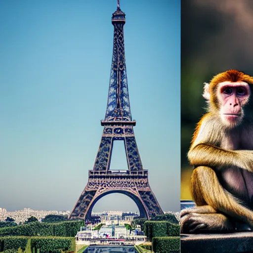 Image similar to high quality portrait of a monkey in front of eiffel tower, studio photograph, photograph, realistic photo, 8k photo, 4k photo, stock photo, high resolution, cinematic shot, high detail